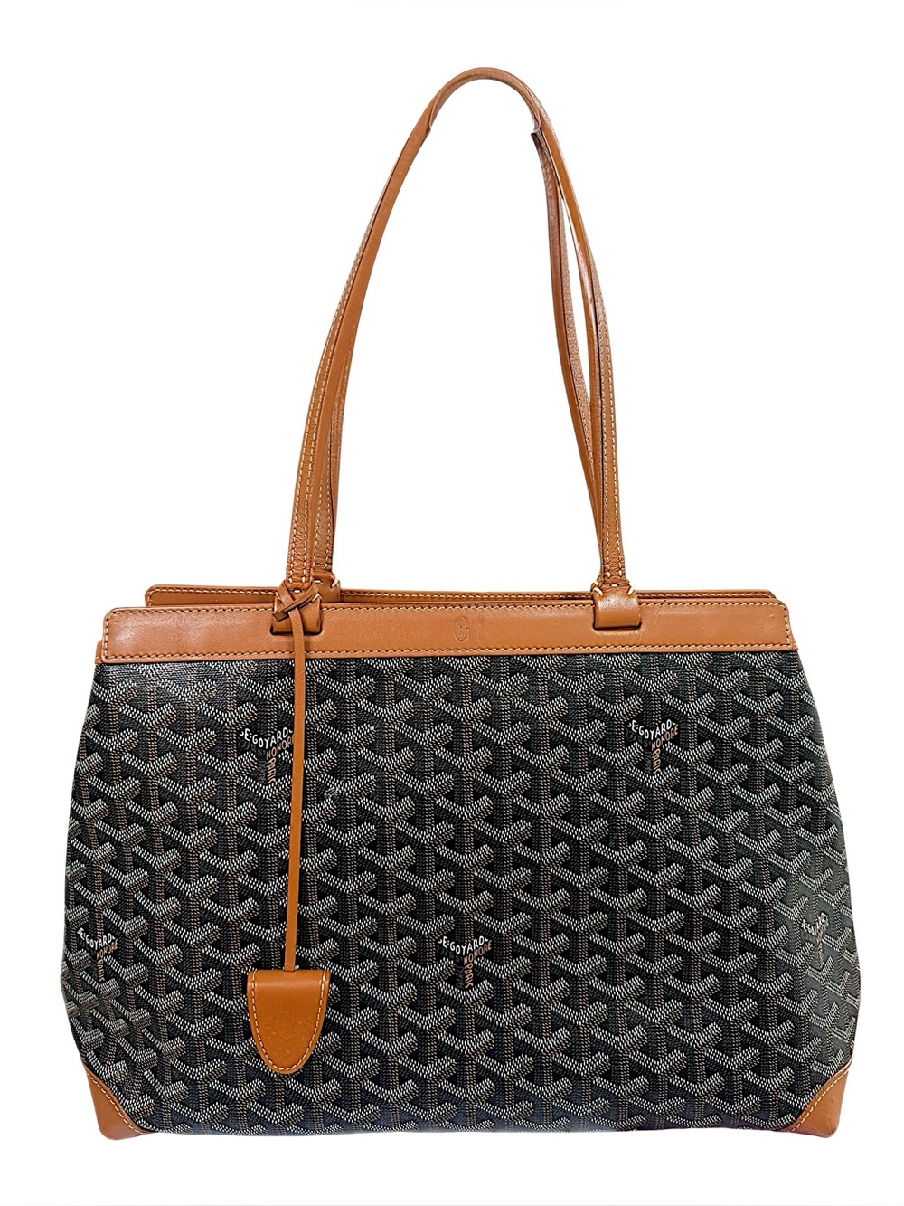 Goyard Artois PM tote in signature Black Goyardine canvas with tan leather trim.
